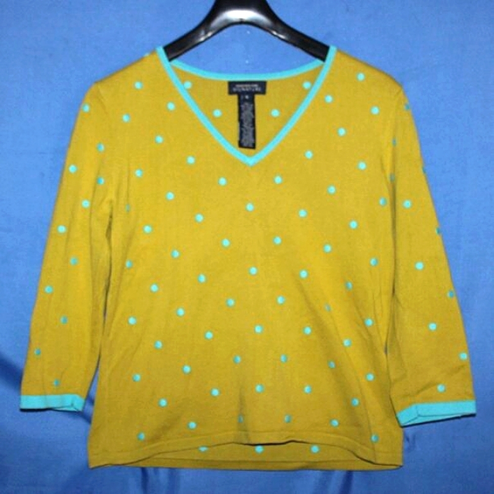 Jones New York Polka Dot Sweater Yellow Blue Small